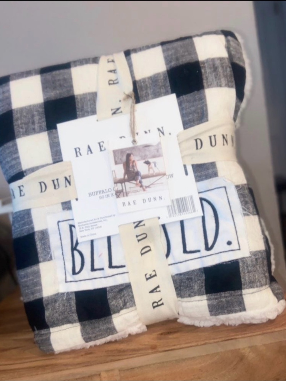 NWT Rae Dunn Buffalo Check Patch Throw Blanket 50x60 BLESSED black/white Sherpa